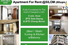Apartment For Rent - 2 Bed,Fully furnished @Silom (80 sqm.) BTS/MRT